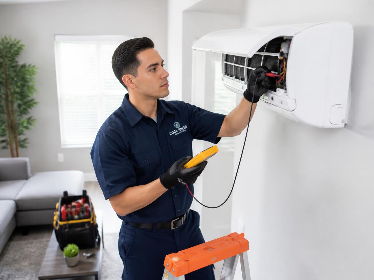 Professional technician repairing a wall-mounted air-conditioning unit in a home